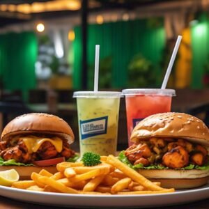 2 SUPREME CHICKEN TIKKA BURGERS WITH FRIES & DRINKS